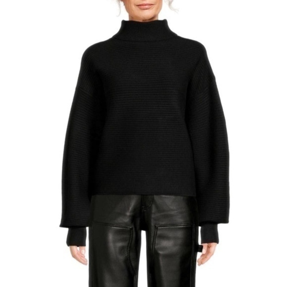 Good American Wide Rib Crop Black Knit Mock Neck Pullover Sweater Size 5/XXL New